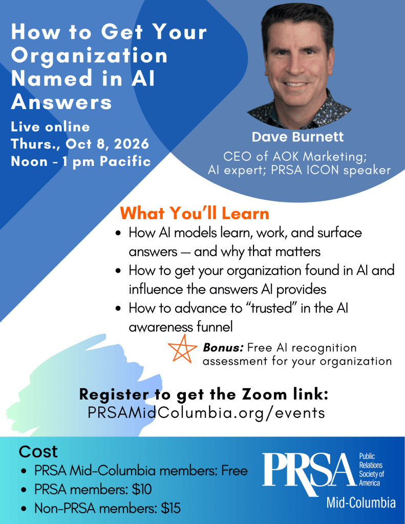Promotional graphic for a live online event titled 'How to Get Your Organization Named in AI Answers' featuring speaker Dave Burnett, CEO of AOK Marketing. The image includes event details such as date, time, learning objectives, registration information, and cost for different members.